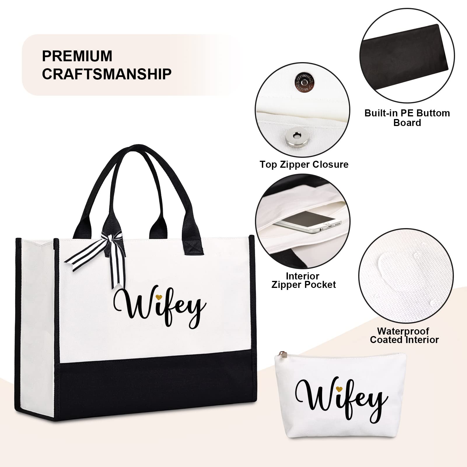 Lamyba Wifey Tote Bag With Makeup Bag, Wifey Gifts For The Bride, Bridal Shower Gifts, Black And White